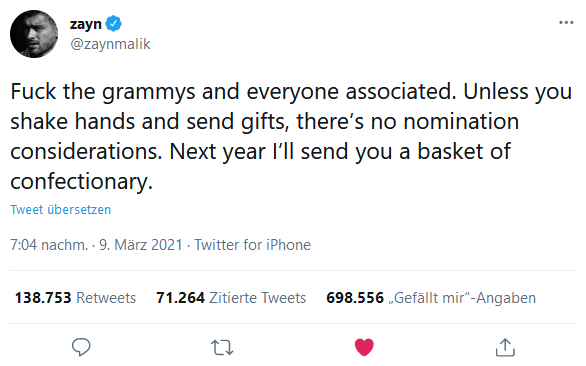 Grammy Tweet Zayn