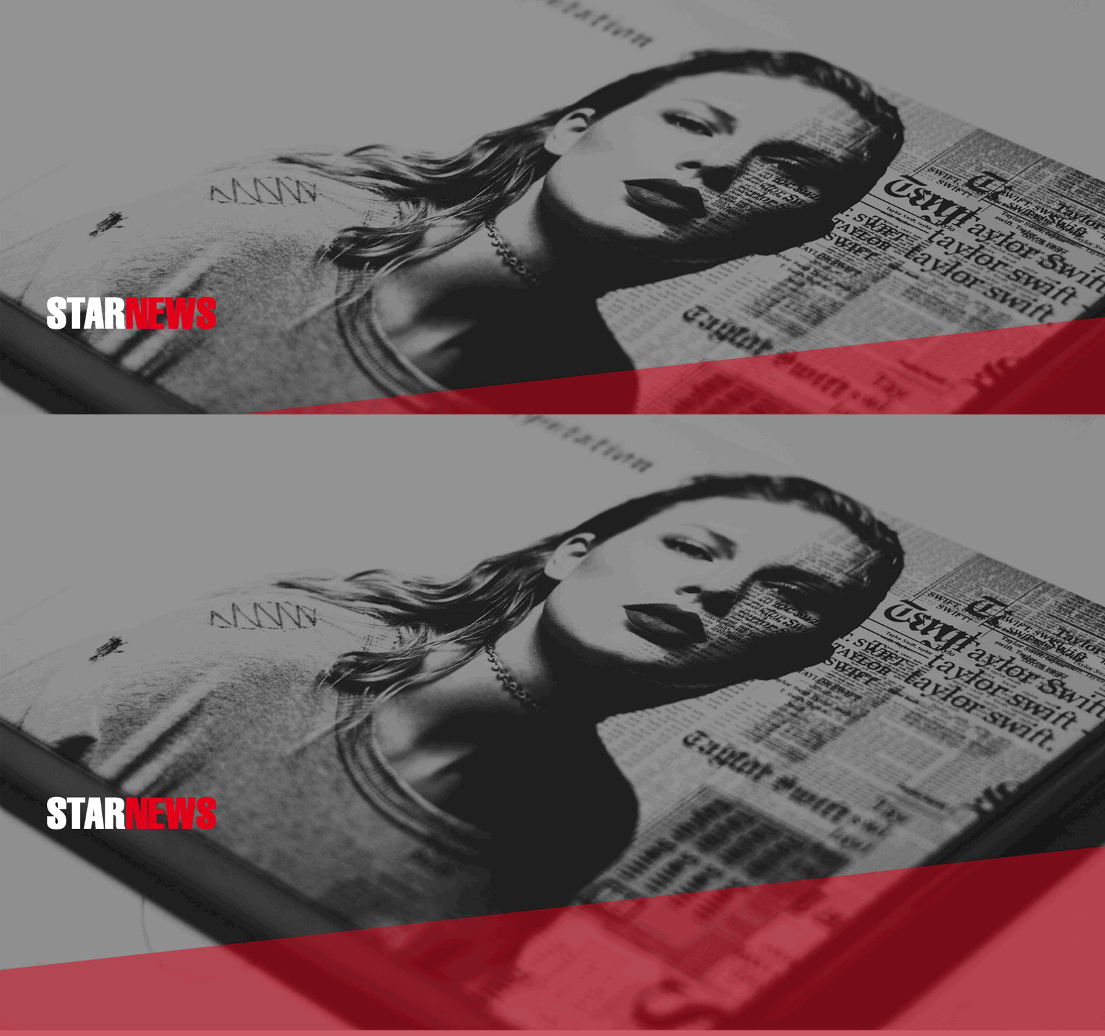 KissFM Star News Headerbild mit Taylor Swift auf einem Bild in Schwarz Weiß im Hintergrund