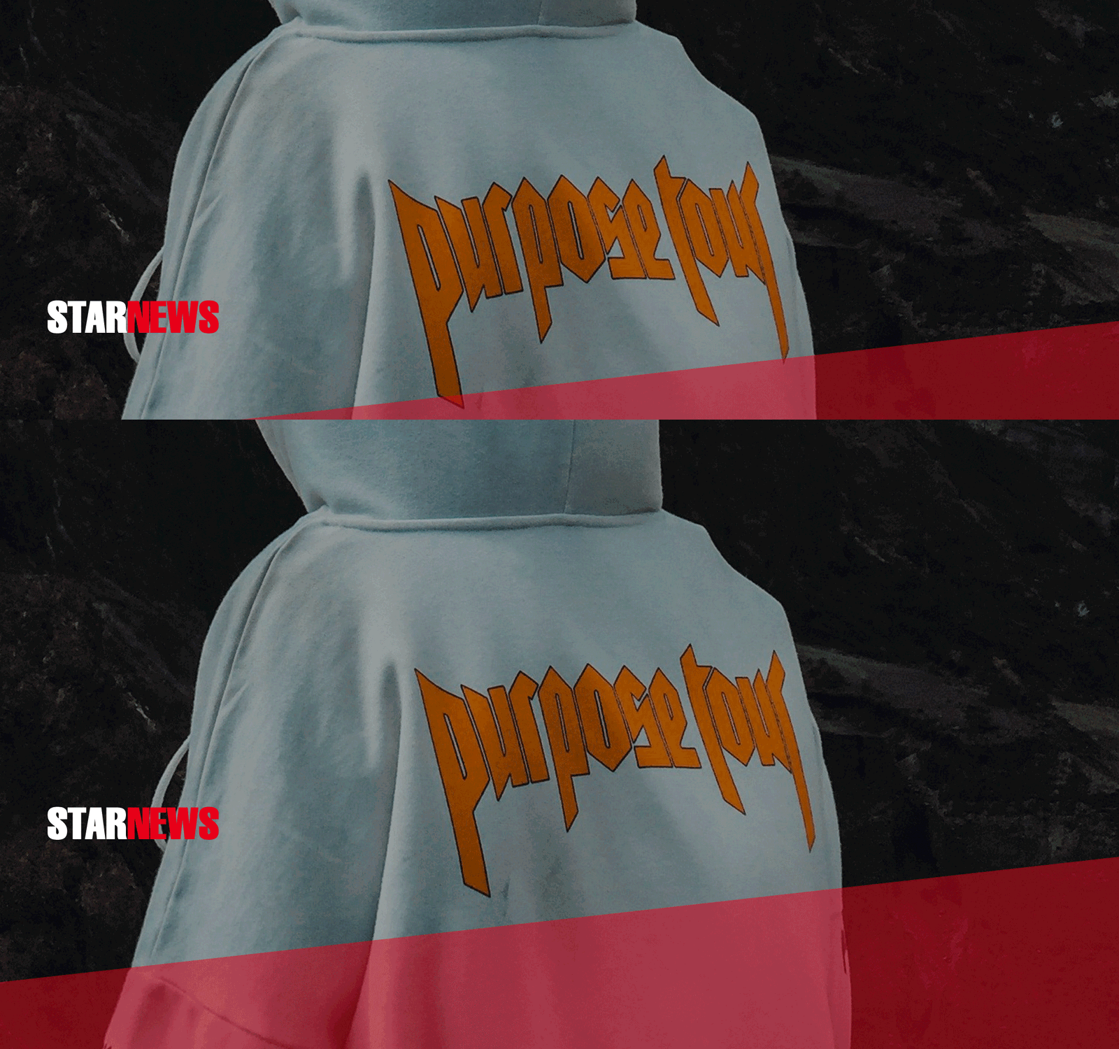 KissFM Star News Headerbild mit einer Person die einen hellgrauen Hoodie trägt auf dem Purpose Tour in orange aufgedruckt ist.