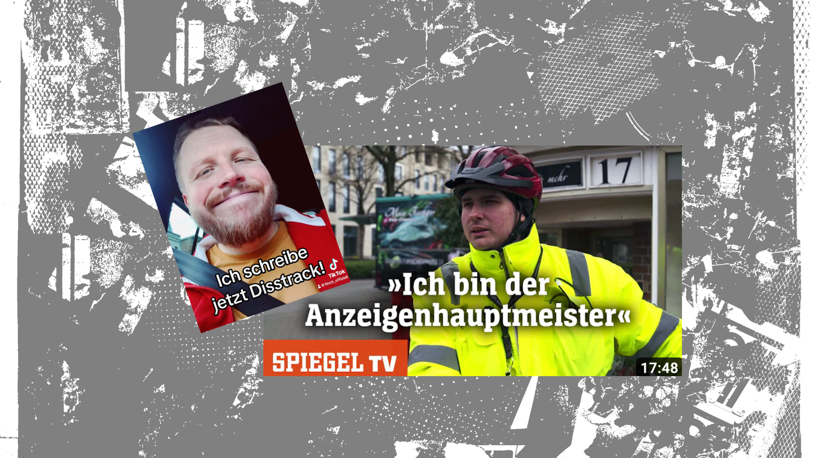 Collage aus Screenshots von einem Tiktok des Rappers Finch asozial und dem Spiegel Youtubevideo des Anzeigenhauptmeisters