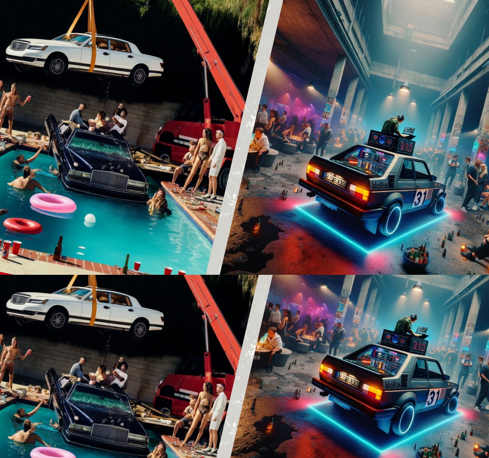 eine Collage von zwei Partys. Auf der linken Seite wird ein Auto bei einer missglückten Poolparty mit einem Kran aus dem Wasser gehoben. Auf der rechten Seite teht ein DJ Truck in der Mitte einer Event Location in der Menschen eine Party feiern