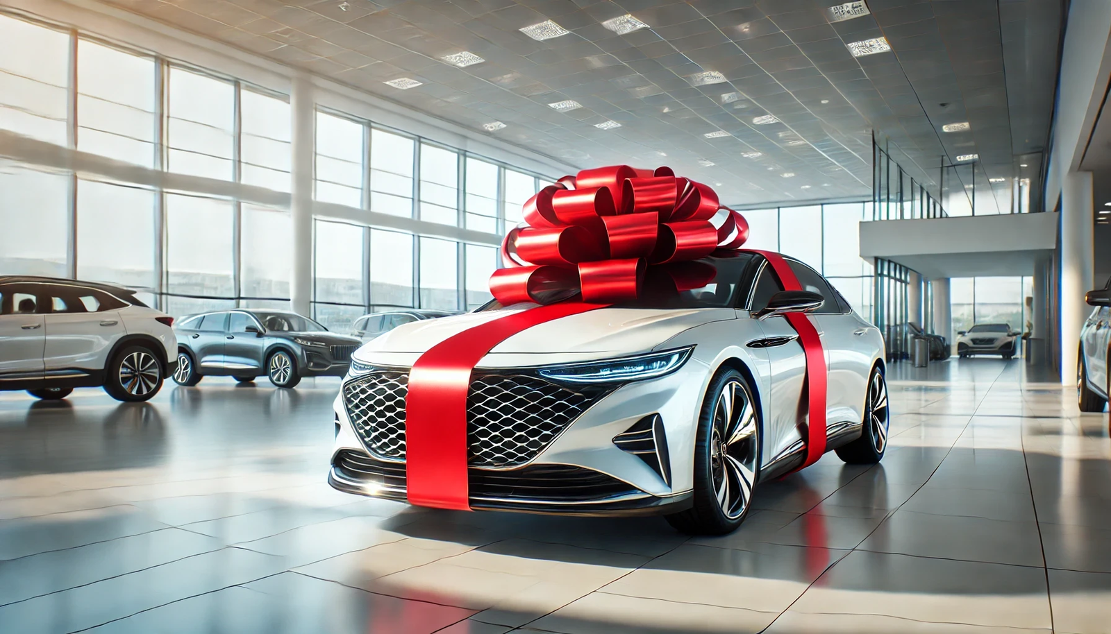 Bild eines Autos als Geschenk verpackt in einem Autohaus