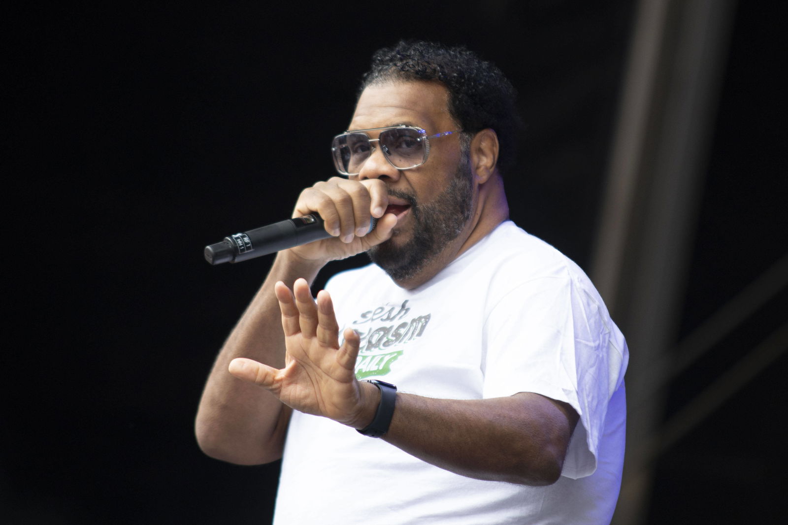 Fatman Scoop performt auf Bühne mit Mikro in der Hand