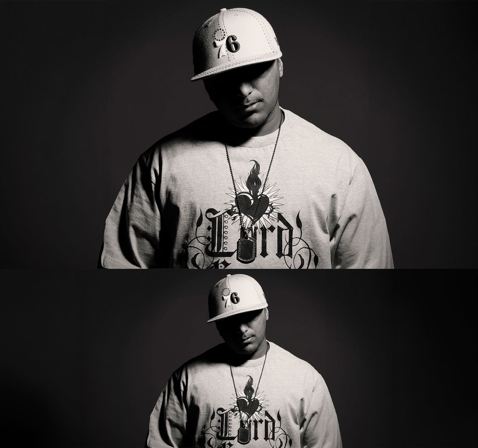 Bild von DJ Cashesclay in schwarz-weiß/ Sepia gehalten, frontal